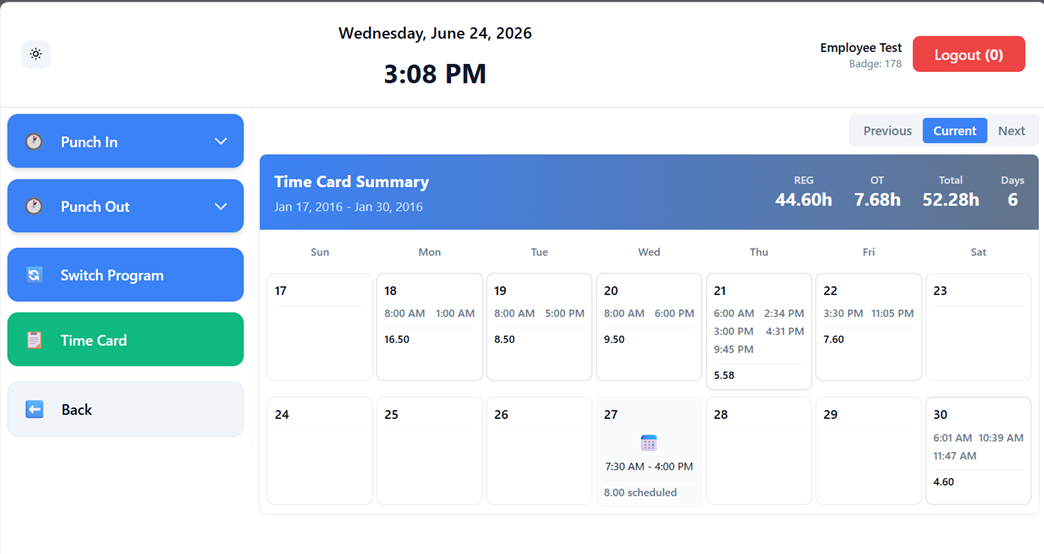 ESS Kiosk time card screen